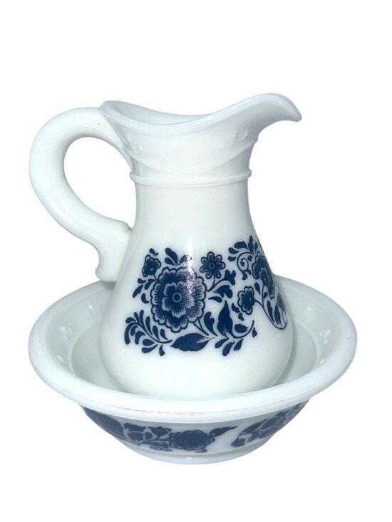 Avon Other - Vintage 1970s Avon Milk Glass Pitcher and Basin with Deft Blue Floral Pattern